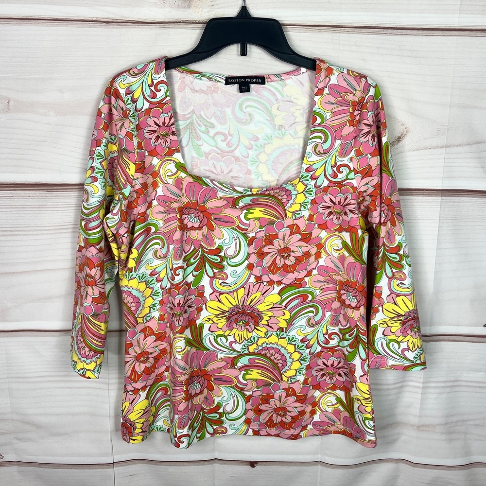 Boston Proper Top Womens L Retro Floral Print Blouse Square Neck 3/4 Sleeve Knit